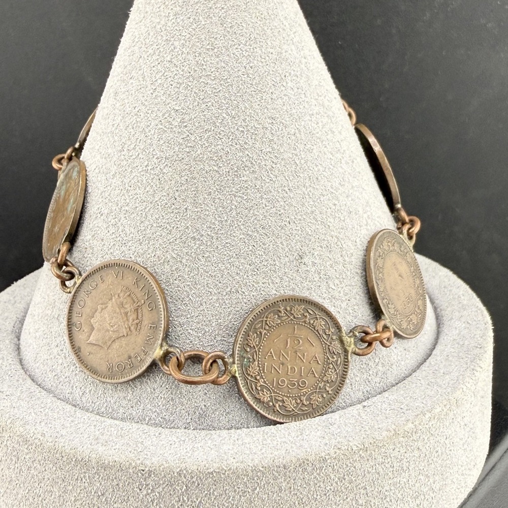 Vintage Estate Coin Charm Bracelet Copper Tone India 1/2 Anna 1939 7"